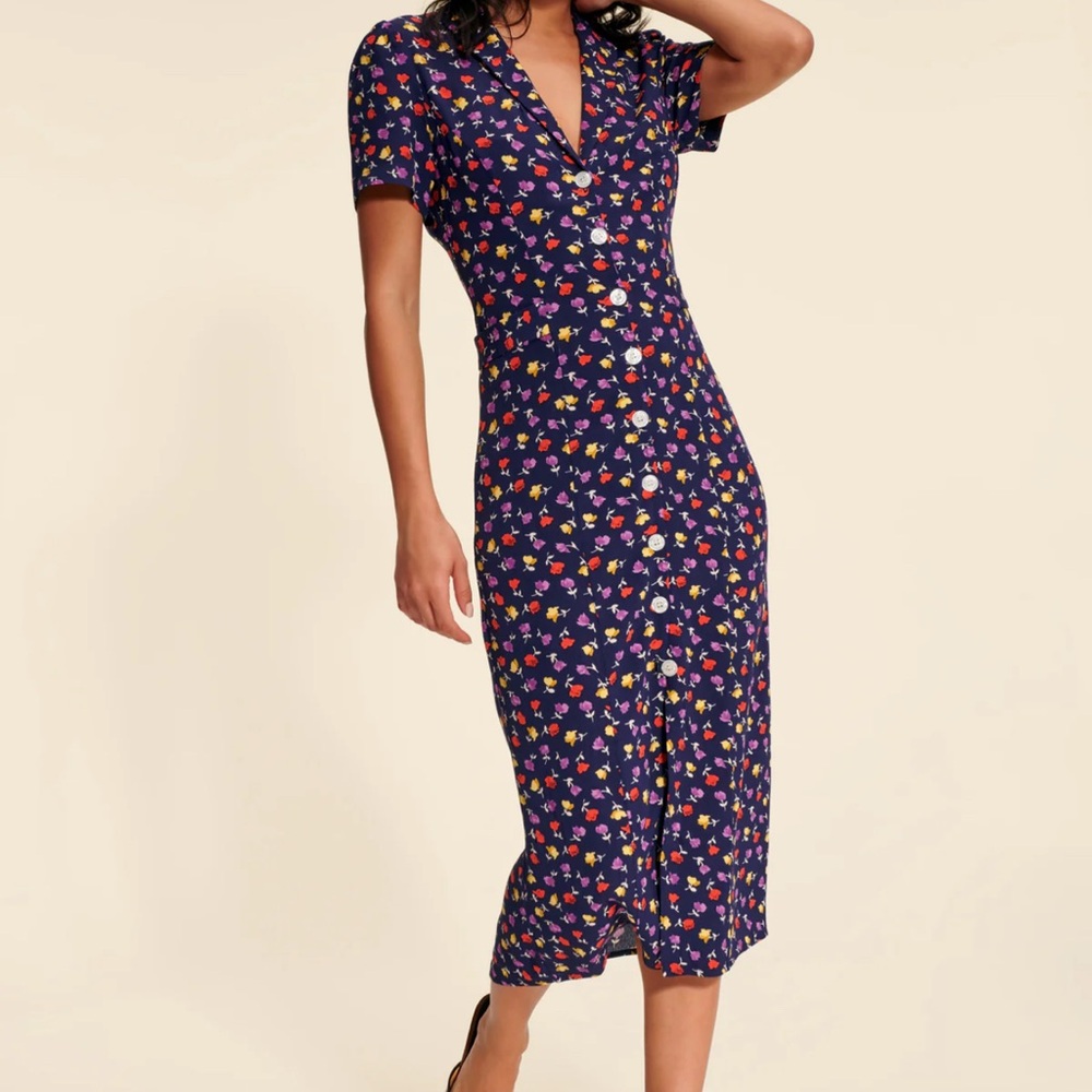 Rouje Blue Sheath Midi Dress V-Neck Short Sleeve